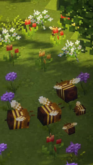 蜜蜂在Minecraft風格的像素花園中靠近花朵飛翔。 — 最佳我的世界 壁紙