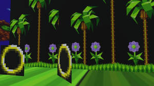 遊戲場景，包含像素化小徑、環、花朵和棕櫚樹，夜晚時分 — 電玩遊戲 GIF 壁紙
