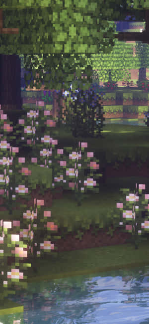 像素化Minecraft花園，有粉紅色花朵、綠色樹木和水面倒影。 — iPhone 18 壁紙