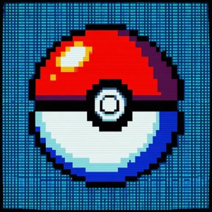 像素化精靈球在藍色網格背景上帶有光暈 — Pixel Watch 壁紙