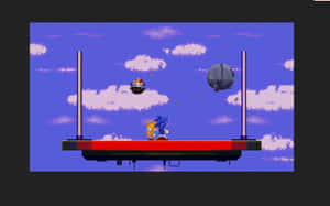 Sonic 和 Tails 在紅色平台上，處於像素化太空場景，有雲朵和船隻。 — 音速小子 壁紙