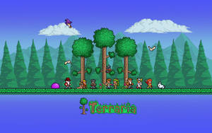 Terraria 遊戲角色在森林中，有山脈和飛天女巫 — 泰拉瑞亞 壁紙