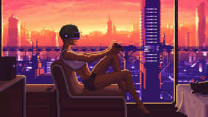 戴著VR頭戴式顯示器的人坐在椅子上放鬆，欣賞夕陽下的霓虹城市。 — 像素藝術 壁紙