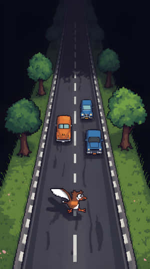 一隻像素化的鳥穿越黑暗的道路，三輛車從後面接近。 — 電玩遊戲 GIF 壁紙