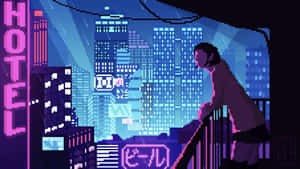 陽台上的人俯瞰夜晚閃爍的霓虹城市 — 像素藝術 壁紙