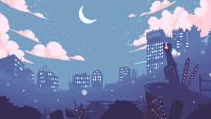 像素藝術城市天際線夜景，帶有新月和粉紅雲彩。 — 像素藝術 壁紙
