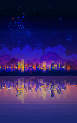 星空下倒映在水中的像素化城市燈光。 — Galaxy Tab S10+ 壁紙
