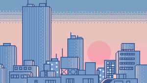 像素化城市景觀，藍色建築和粉紅色日落天空。 — 美學粉色GIF 壁紙