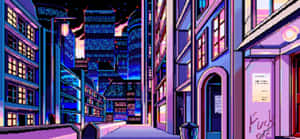 夜晚霓虹燈照亮城市小巷，發光的窗戶和像素化建築。 — 美學圖案動畫 壁紙