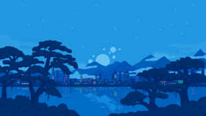像素藝術城市天際線夜景，發光的燈光倒映在水中，被松樹環繞。 — 3D 自然 壁紙