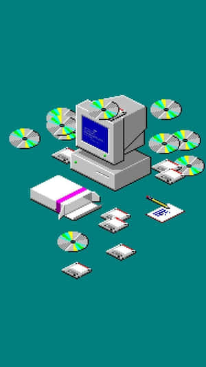 復古電腦被CD、軟碟和紙張環繞在青綠色背景上。 — 復古90年代風格 壁紙