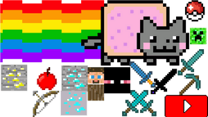 像素藝術拼貼， featuring Nyan Cat、Minecraft 方塊、遊戲武器和 YouTube 標誌。