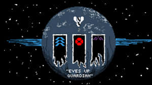 像素星球，有三個發光的門和文字 eyes up guardian 在太空中。 — 奇幻藝術 壁紙