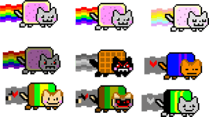 Nyan Cat 像素藝術角色的網格，帶有彩虹軌跡和色彩繽紛的方塊身體。