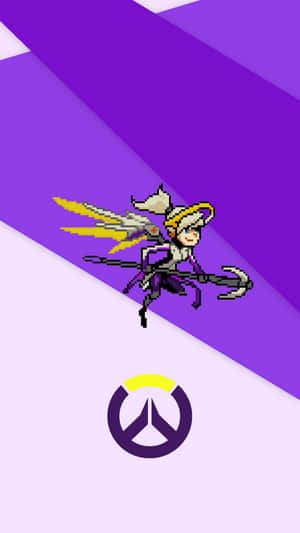 像素化英雄，帶有翅膀和三叉戟，飛越Overwatch標誌。 — 電玩遊戲 GIF 壁紙