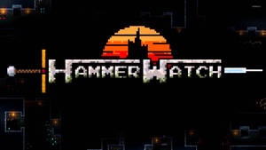 像素化的 Hammerwatch 遊戲標誌，帶有日落和城堡剪影。 — 省電 壁紙