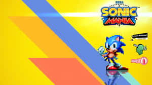 像素藝術風格的音速小子站在色彩繽紛的斜線背景上，帶有Sonic Mania標誌。 — 音速小子 壁紙