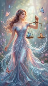 女神手持帶有蝴蝶的天秤，身穿飄逸長袍 — 天秤座 壁紙
