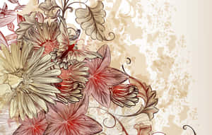 復古花卉插圖，帶有紅色和米色調，背景有紋理。 — 春天花朵 壁紙