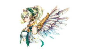 金色頭髮和半透明翅膀的動漫天使，水彩風格。 — 慈悲 壁紙
