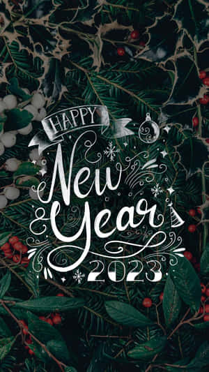 冬青葉和漿果上的 Happy New Year 2023 節日設計 — 慶祝 壁紙