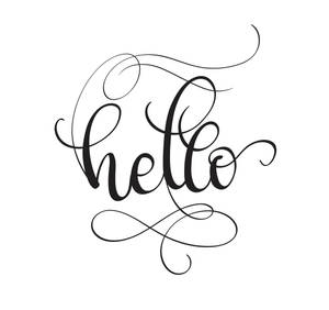 時尚的黑色書法字體「你好」，帶有裝飾性旋轉花紋，背景為白色。 — 簡約 壁紙