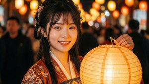 一位身著傳統服飾的女性手持發光燈籠的溫暖特寫人像。