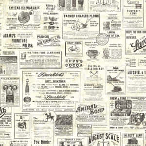 19世紀鋼琴、可可、肥皂和家具亮光劑產品廣告的復古報紙拼貼。 — Old Paper 壁紙