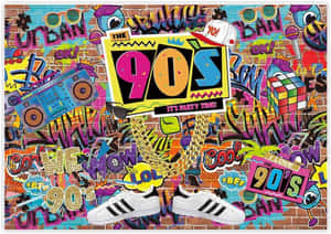 90年代復古塗鴉牆，配有手提音響、運動鞋和霓虹文字 — 80年代美學 壁紙