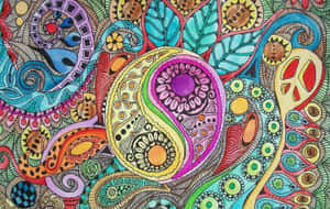 彩色抽象插圖，帶有佩斯利漩渦和中央陰陽符號。 — 嬉皮 壁紙