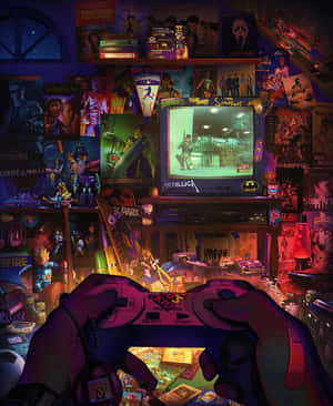 在一個雜亂的遊戲室中，雙手拿著PlayStation手把，房間裡滿是海報和紀念品。 — Apple Watch Ultra 壁紙