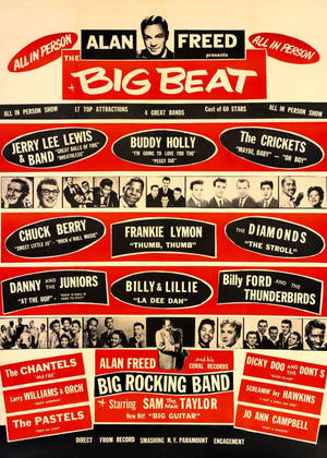 列出 Buddy Holly 和 Chuck Berry 等藝術家的復古 1950 年代搖滾音樂會海報。 — 英格蘭板球 壁紙