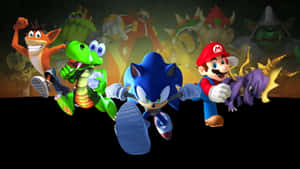 電玩角色 Sonic、Mario 和 Crash Bandicoot 與背景中的惡棍一起奔跑。 — 索尼克 壁紙