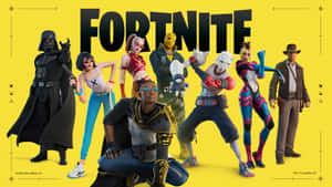 穿著色彩繽紛服裝的 Fortnite 遊戲角色在黃色背景前擺姿勢。 — 要塞英雄 大逃殺 壁紙