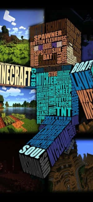 Minecraft 遊戲元素以方塊文字形成 3D 立方體，覆蓋在像素化場景上。 — iPhone 17 Pro 壁紙