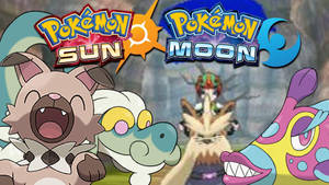 Pokémon Sun 和 Moon 遊戲標誌與動漫風格 Pokémon 角色。 — 電玩遊戲 GIF 壁紙