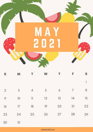 2021年5月日曆，附有熱帶水果和棕櫚樹插圖。 — Oppo Pad 5 霧面螢幕 壁紙