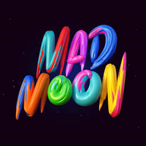 大膽多彩的3D文字「Mad Moon」漂浮在星空太空場景中。 — 美學圖案動畫 壁紙