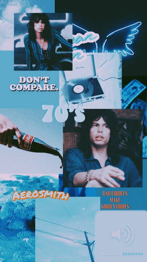 Aerosmith 70年代搖滾拼貼畫，配有黑膠唱片和汽水瓶。 — 美學音樂 壁紙