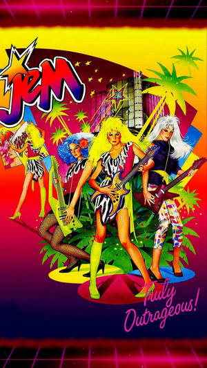 Jem and the Holograms卡通樂隊身穿霓虹服裝，手持吉他。 — 卡通 壁紙