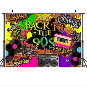 復古90年代塗鴉牆，帶有手提音箱卡式錄音帶和霓虹噴濺效果。 — 復古90年代風格 壁紙