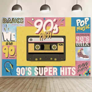 復古90年代派對牆，配有卡式錄音帶和流行音樂圖形。 — 復古90年代風格 壁紙
