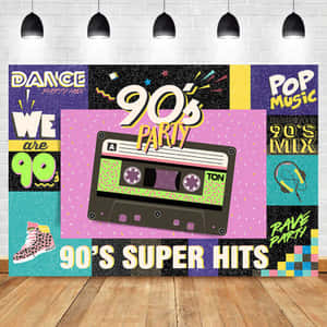 色彩繽紛的90年代派對牆飾，帶有卡式錄音帶和舞曲文字。 — 復古90年代風格 壁紙