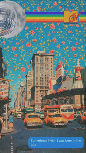 復古90年代紐約街道，黃色計程車和MTV標誌在迪斯可球和花卉天空下。 — 城市 壁紙