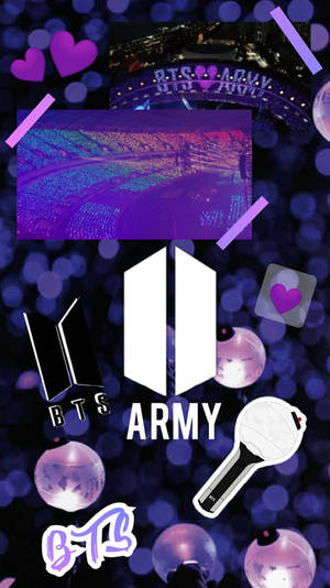 BTS演唱會粉絲桌布，帶有紫色燈光、愛心和ARMY標誌。