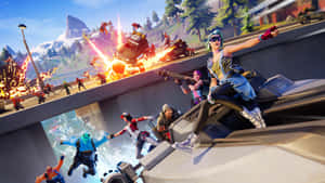 Fortnite玩家在雪橋上戰鬥，伴隨著爆炸和熔岩。 — 創意 壁紙