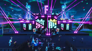Fortnite音樂會，舞台閃爍，角色在紫色雷射下跳舞。 — 遊戲 壁紙