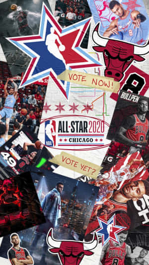 NBA全明星2020芝加哥宣傳拼貼，包含球員照片和球隊標誌。 — 芝加哥公牛 壁紙
