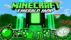 Minecraft綠寶石模組宣傳圖片，帶有發光的綠色方塊和像素化物品。 — 我的世界 鑽石 壁紙
