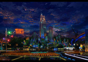 未來城市夜景，霓虹燈和星空倒映在濕漉漉的人行道上。 — 城市燈光 壁紙